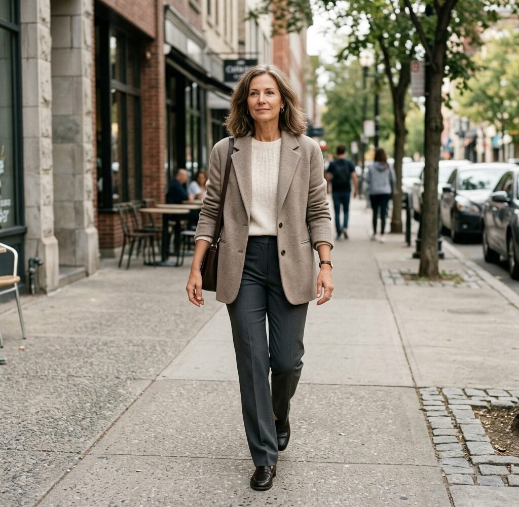 Woman in her fifties in charcoal trousers, cream knit, and soft blazer walking along a city sidewalk
