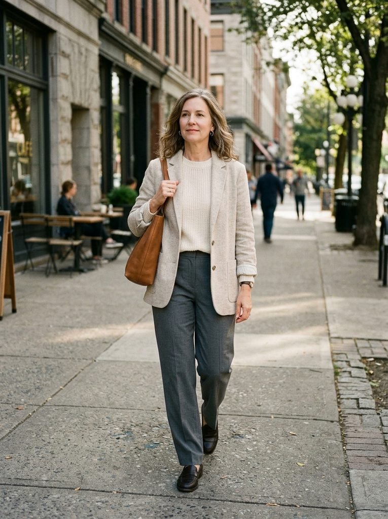 Woman in her fifties in charcoal trousers, cream knit, and soft blazer walking along a city sidewalk