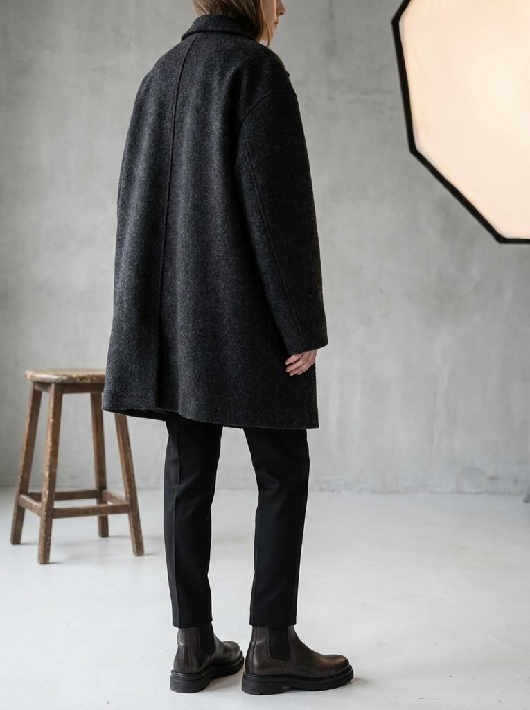 Oversized charcoal wool coat balanced with slim black trousers and ankle boots in a studio