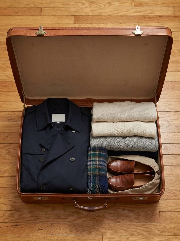 Open suitcase with a folded navy trench coat, knitwear, scarf, and loafers packed for a trip