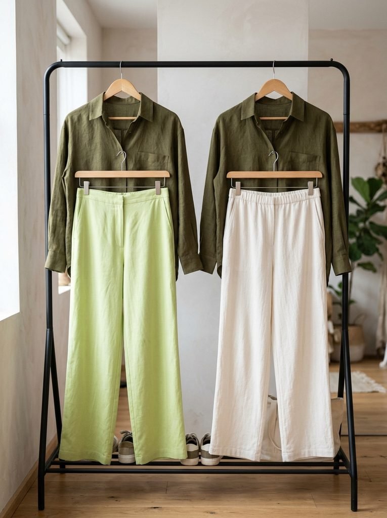 Two outfits compared on a clothing rail, olive top with lime trousers versus olive top with cream trousers