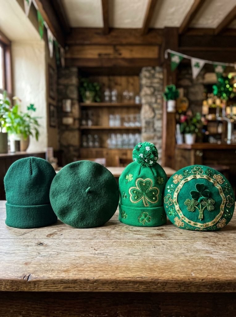 Plain green beanie and beret compared with novelty shamrock accessories