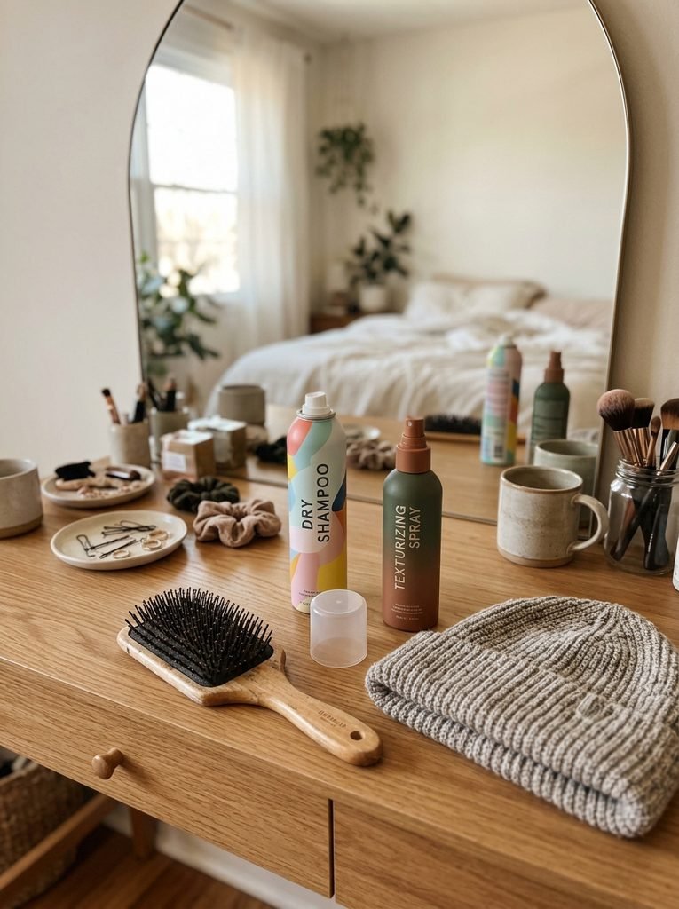Hairbrush, texturizing spray, dry shampoo, and a folded beanie on a bedroom vanity before styling