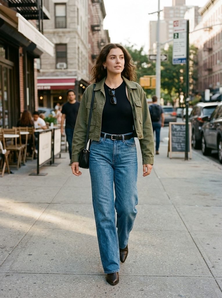 Woman in high-rise wide-leg jeans with a tucked bodysuit and cropped jacket walking down a city street