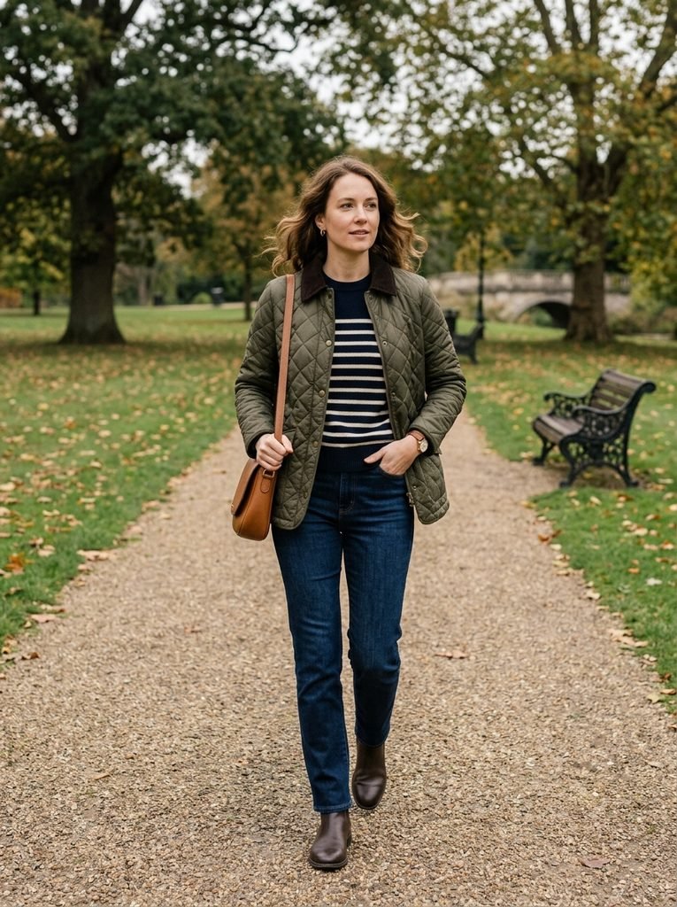Woman in a quilted jacket, striped knit, and dark jeans walking in a park in an everyday old money outfit