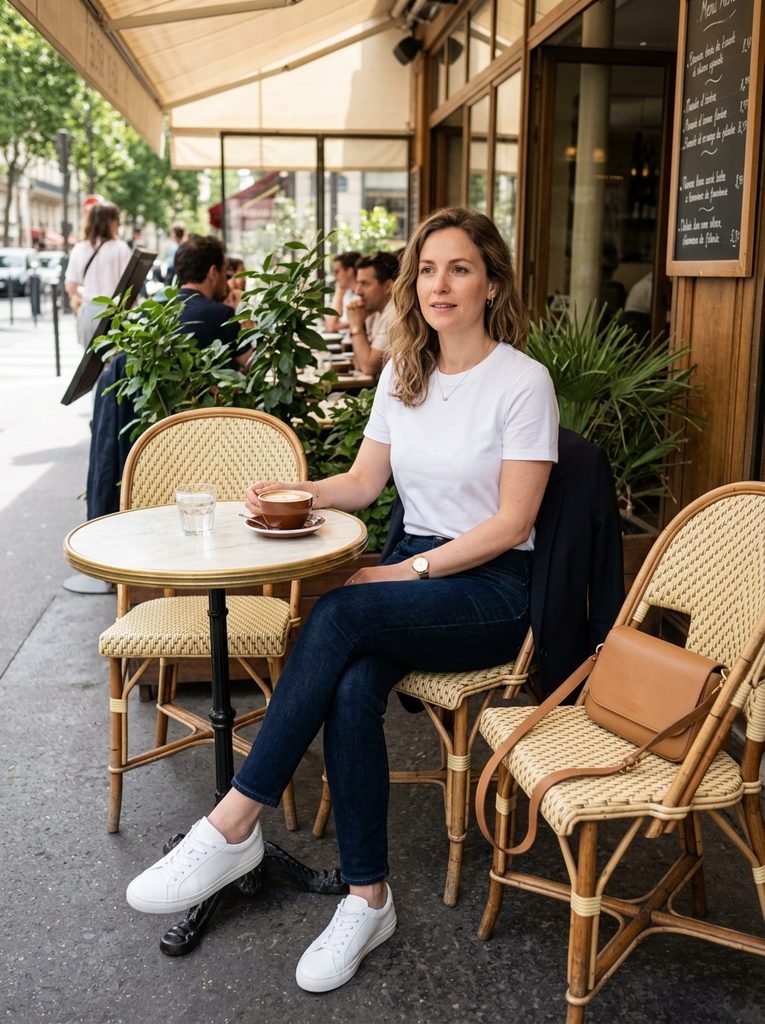 Woman in dark jeans, white tee, and clean white sneakers at a cafe table in a smart casual outfit