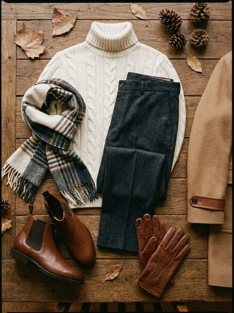 Flat lay of a cream turtleneck, wool trousers, leather boots, scarf, and gloves arranged beside a coat sleeve