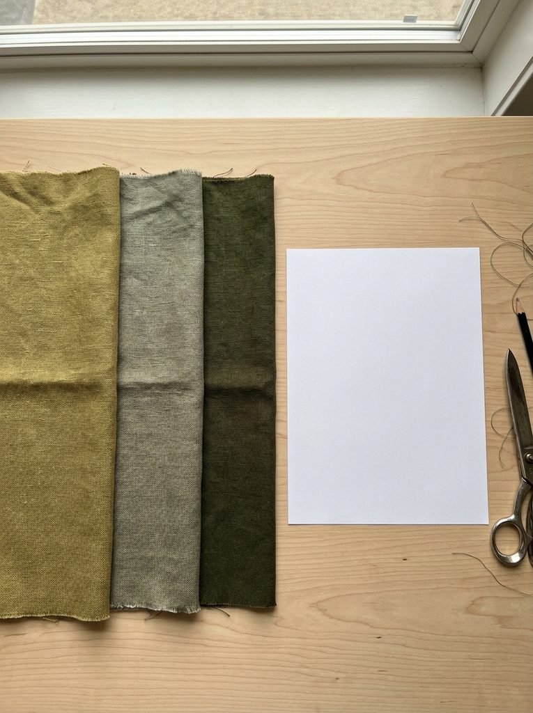 Flat lay comparing yellow-leaning, grey-leaning, and deep olive green fabrics beside a white sheet of paper in daylight