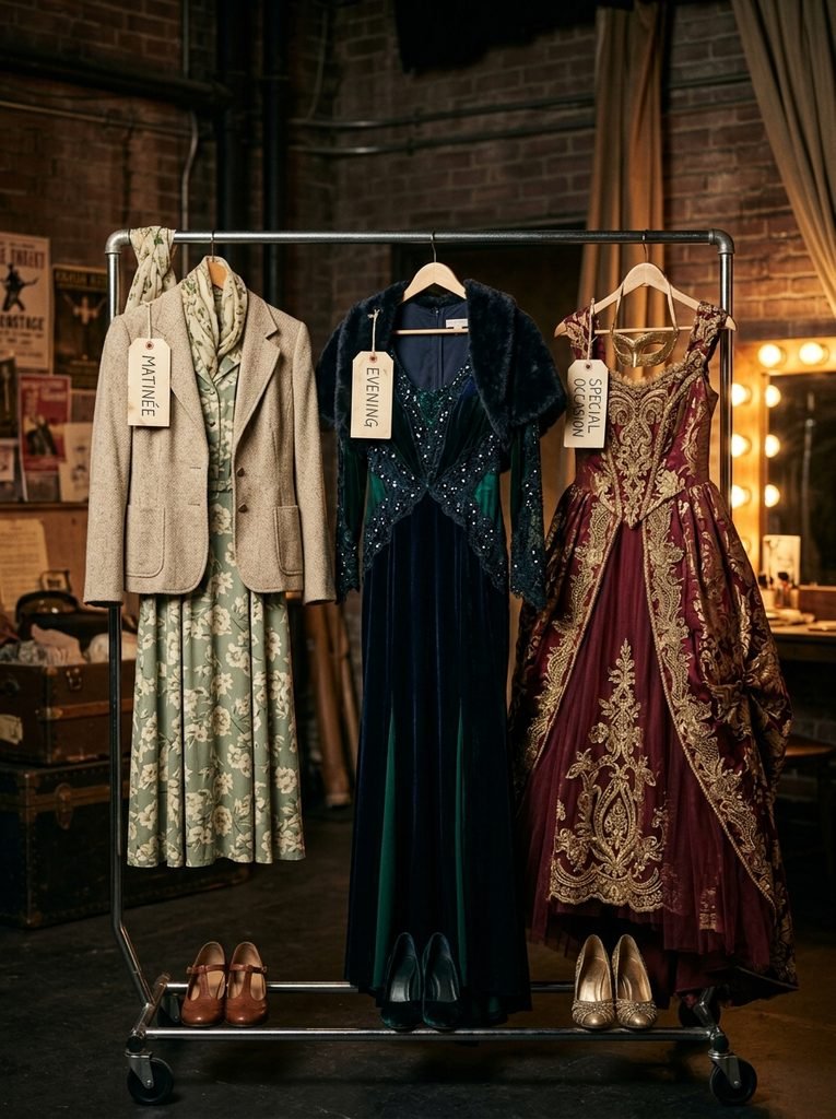 Three theatre outfits on a clothing rail for matinee, evening, and special occasion performances
