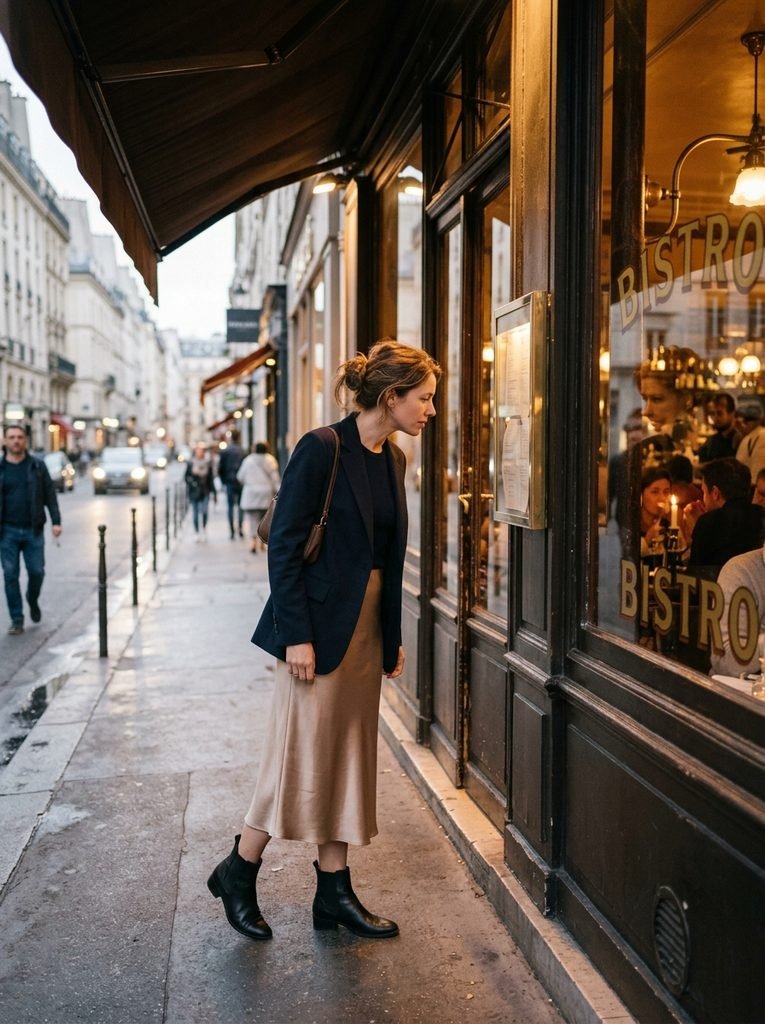 Woman in a satin midi skirt and blazer checking a bistro window before dinner