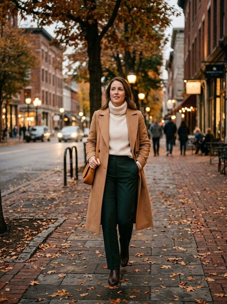 Woman in a camel coat, cream roll neck, and green trousers walking on an autumn evening in a smart casual look