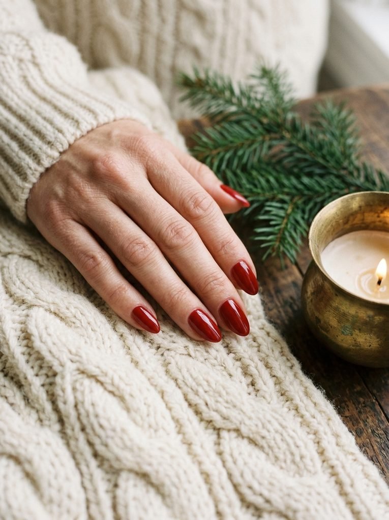 Hand with glossy true red almond nails on a cream knit sweater for Christmas