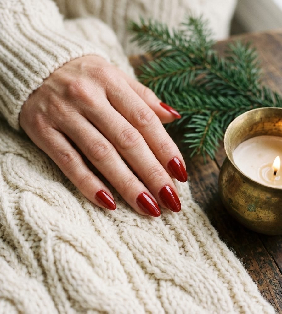 Hand with glossy true red almond nails on a cream knit sweater for Christmas