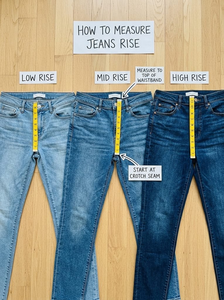 Low, mid, and high rise jeans laid flat with a tape measure showing how to measure jeans rise