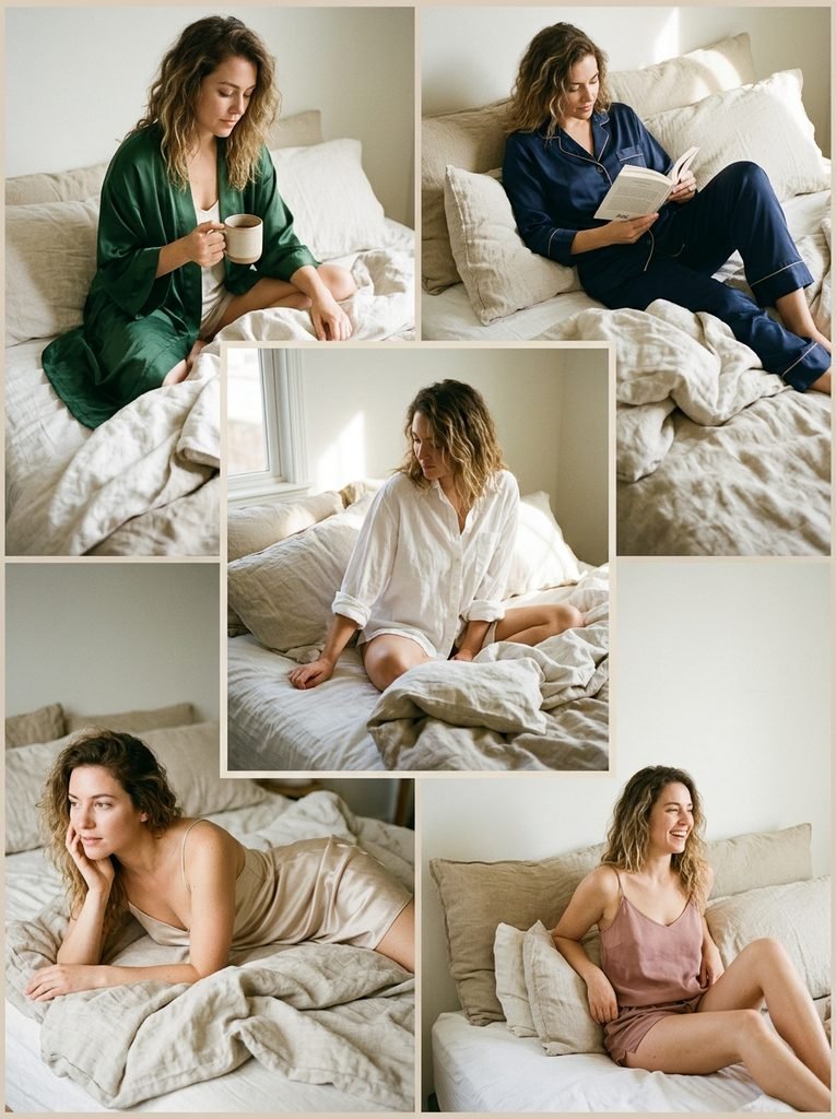 Woman wearing of a satin robe, pajama set, white shirt, slip dress, and cami set on linen bedding
