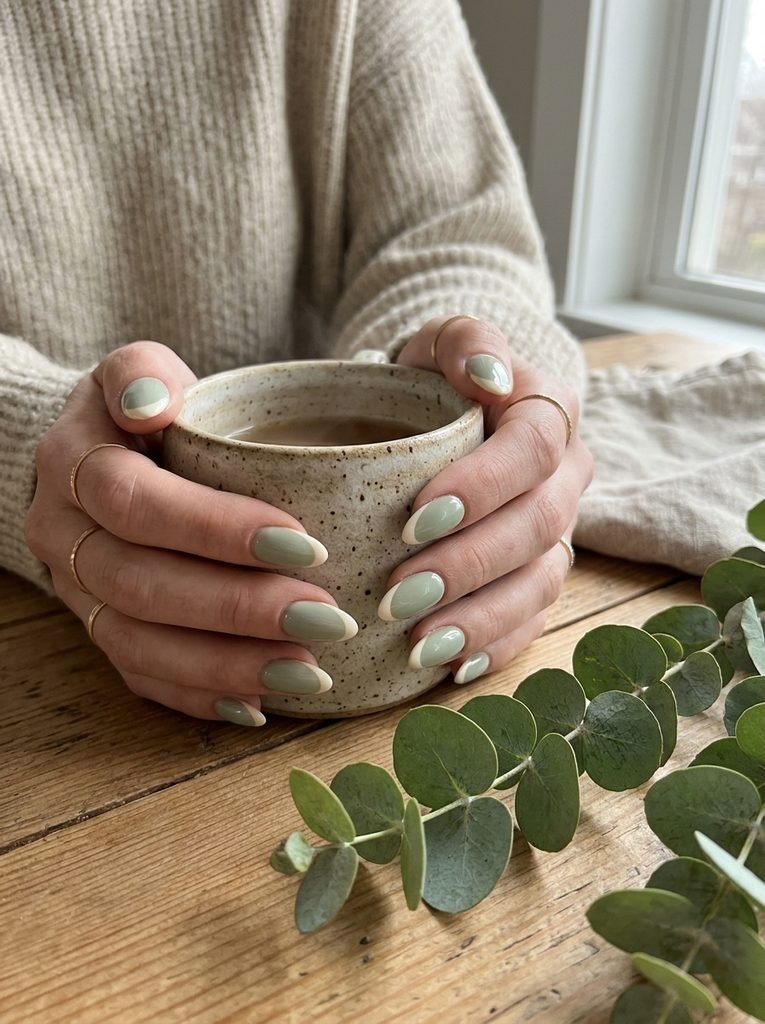 Milky sage green nails with a cream tip accent holding a mug beside eucalyptus