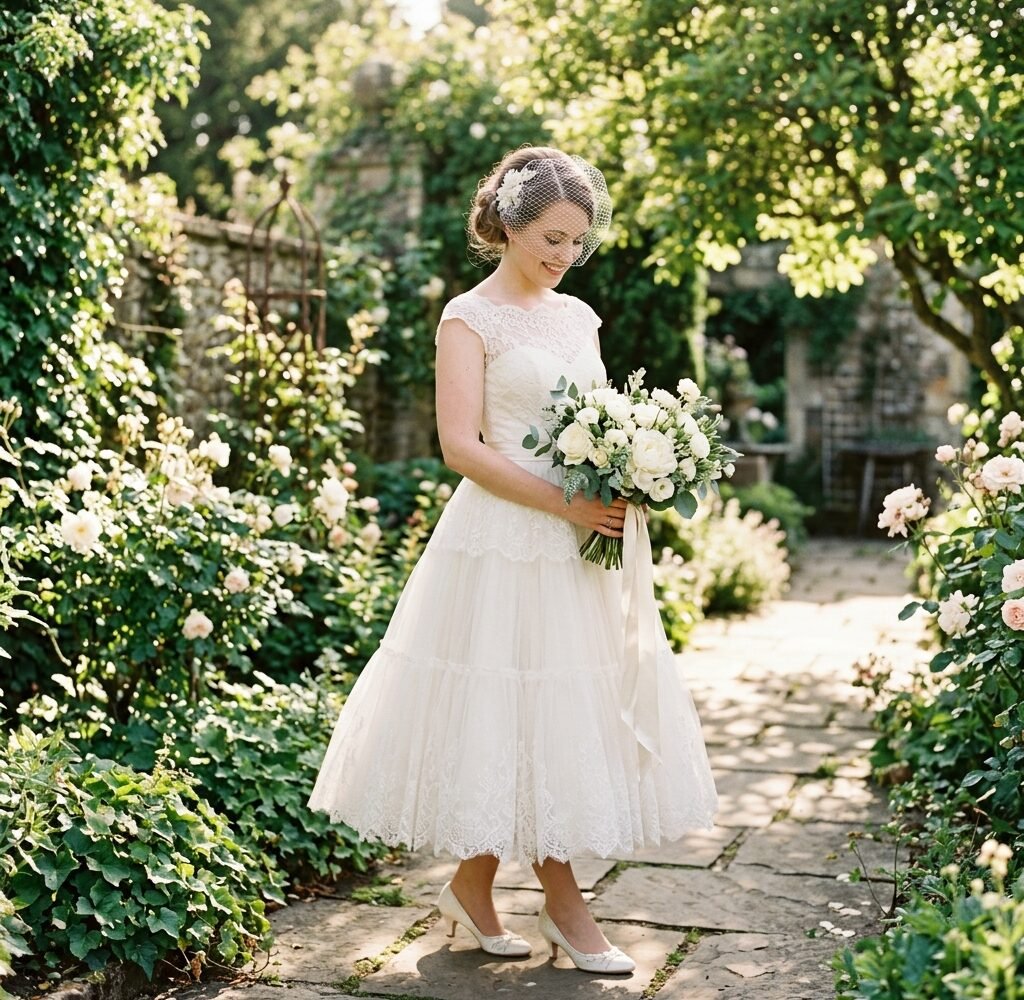 Woman in an ivory tea-length wedding dress and birdcage veil holding a white bouquet in a sunlit garden