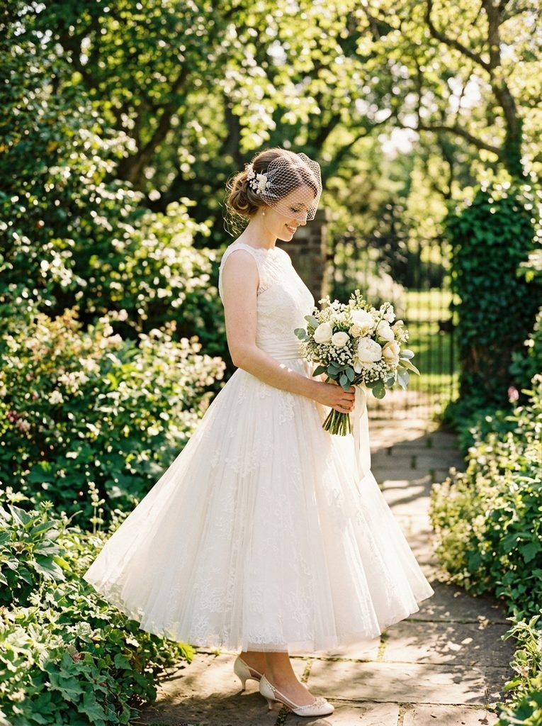 Woman in an ivory tea-length wedding dress and birdcage veil holding a white bouquet in a sunlit garden