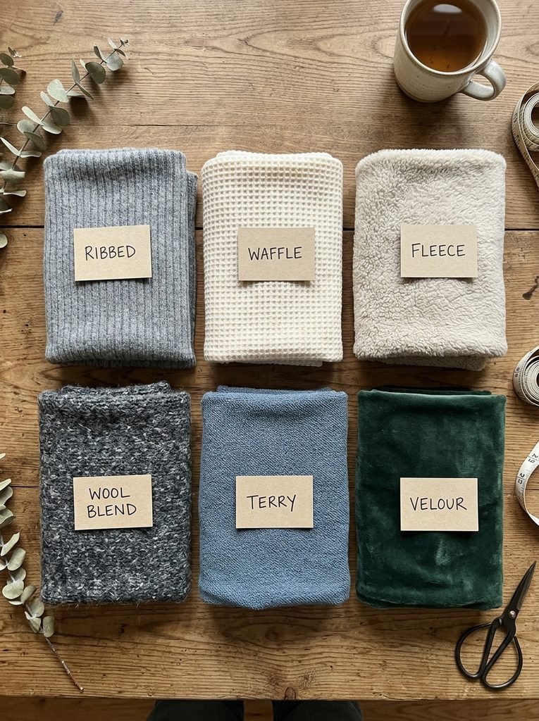 Flat lay comparing ribbed, waffle, fleece, wool blend, terry, and velour fabrics used in winter loungewear sets