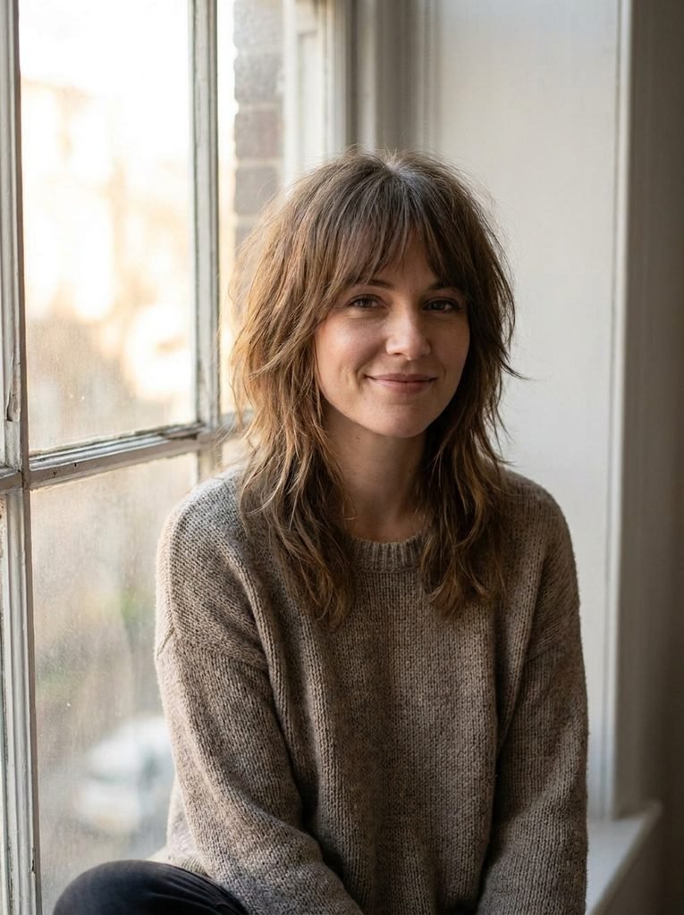 Woman with a mid-length shag haircut, choppy layers and soft fringe in natural window light