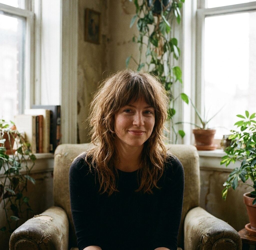 Woman with a mid-length shag haircut, choppy layers and soft fringe in natural window light