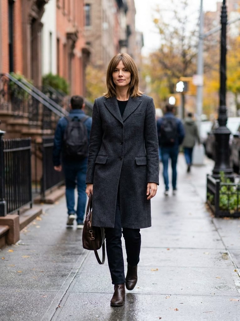 Woman with a smoothed shag haircut in a tailored coat walking along a city street