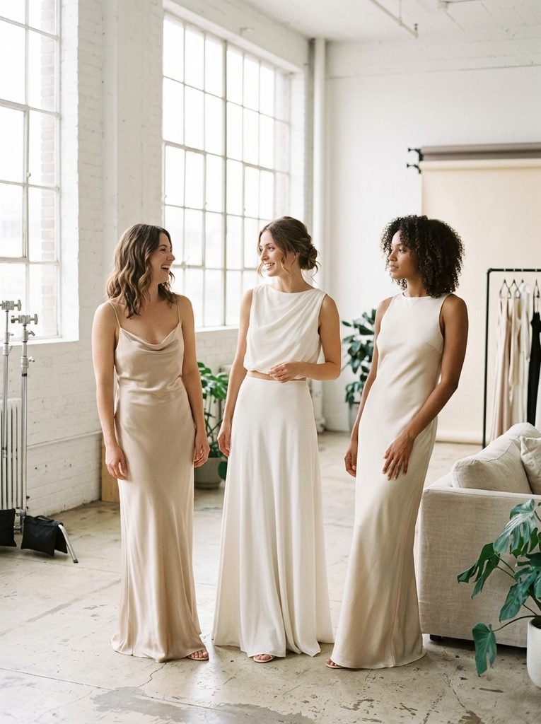 Three women in ivory and champagne slip, two-piece, and column dresses in a bright studio