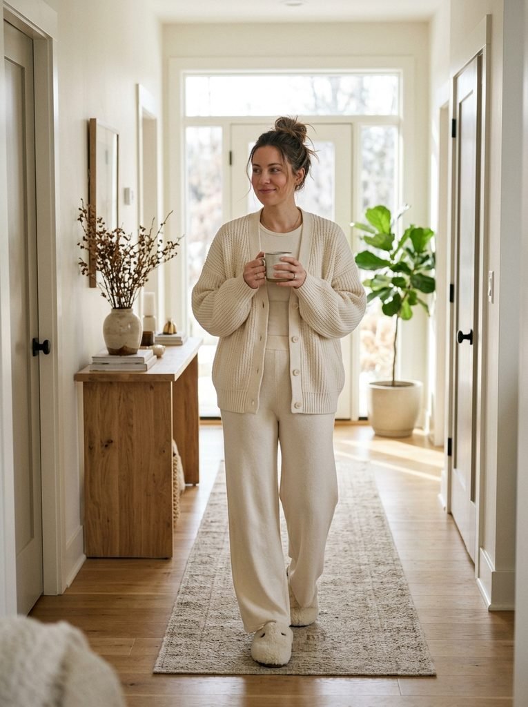 Woman wearing a cream cardigan and wide-leg trouser winter loungewear set in a bright hallway