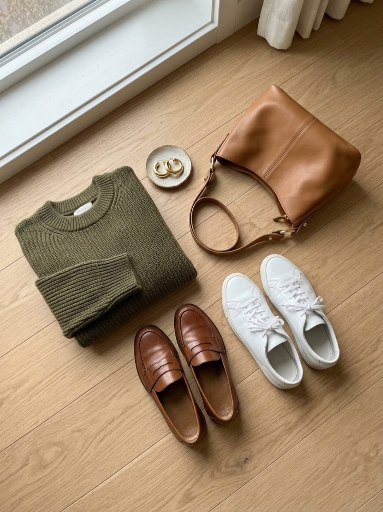 Brown loafers, white sneakers, tan leather bag, and gold earrings arranged beside a folded olive green sweater