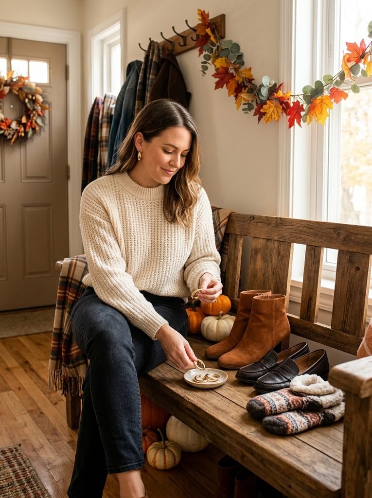 Block-heel ankle boots, loafers, gold hoops, and slipper socks arranged on an entryway bench for Thanksgiving