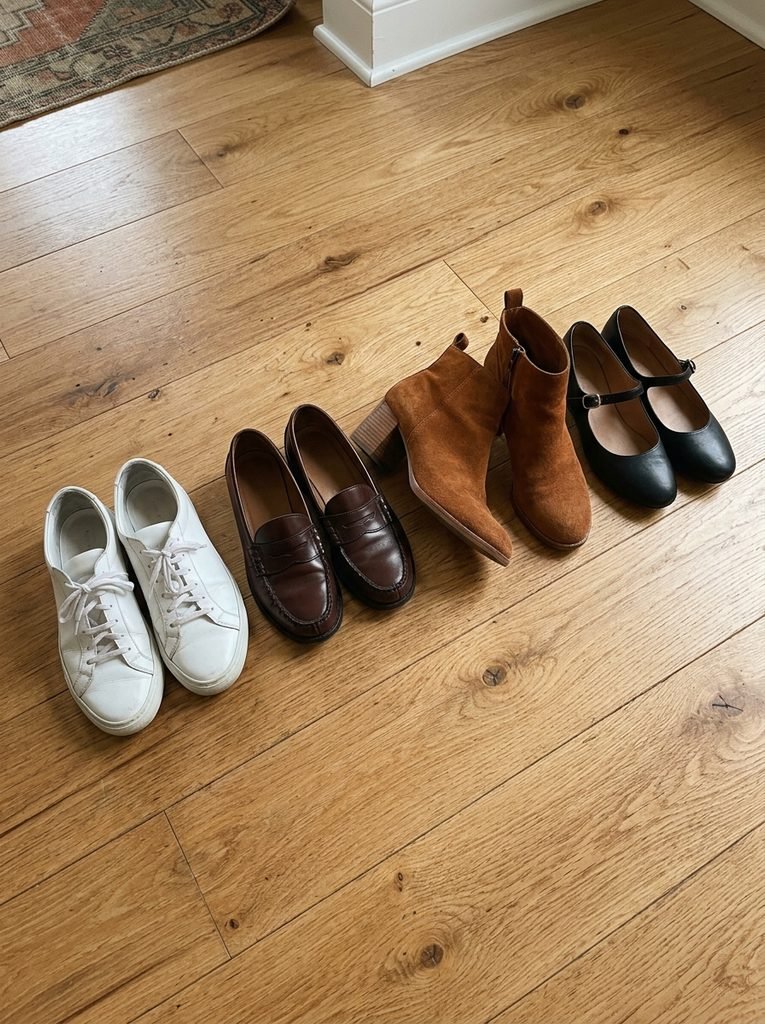 Loafers, white sneakers, block-heel ankle boots, and strapped flats arranged on a wooden floor