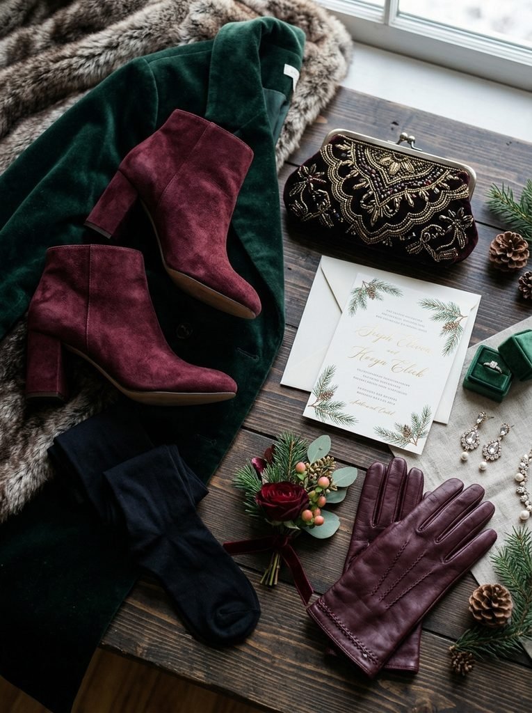 Block-heel ankle boots, opaque tights, clutch and leather gloves laid out for a winter wedding