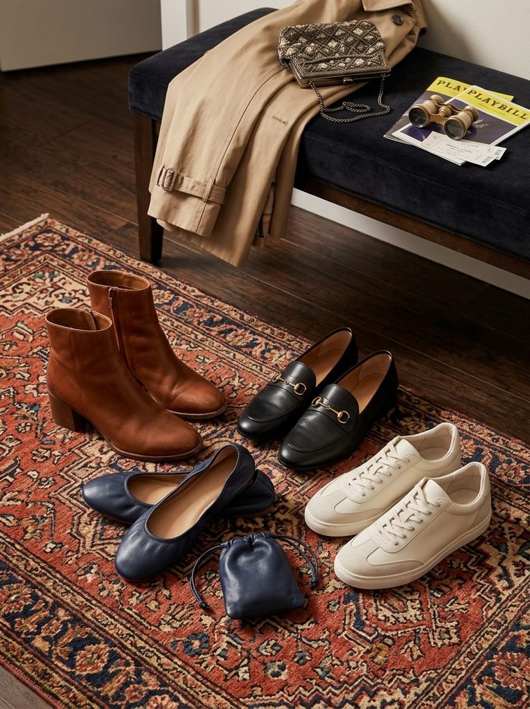 Block-heel boots, loafers, foldable flats, and sneakers arranged as comfortable theatre shoe options