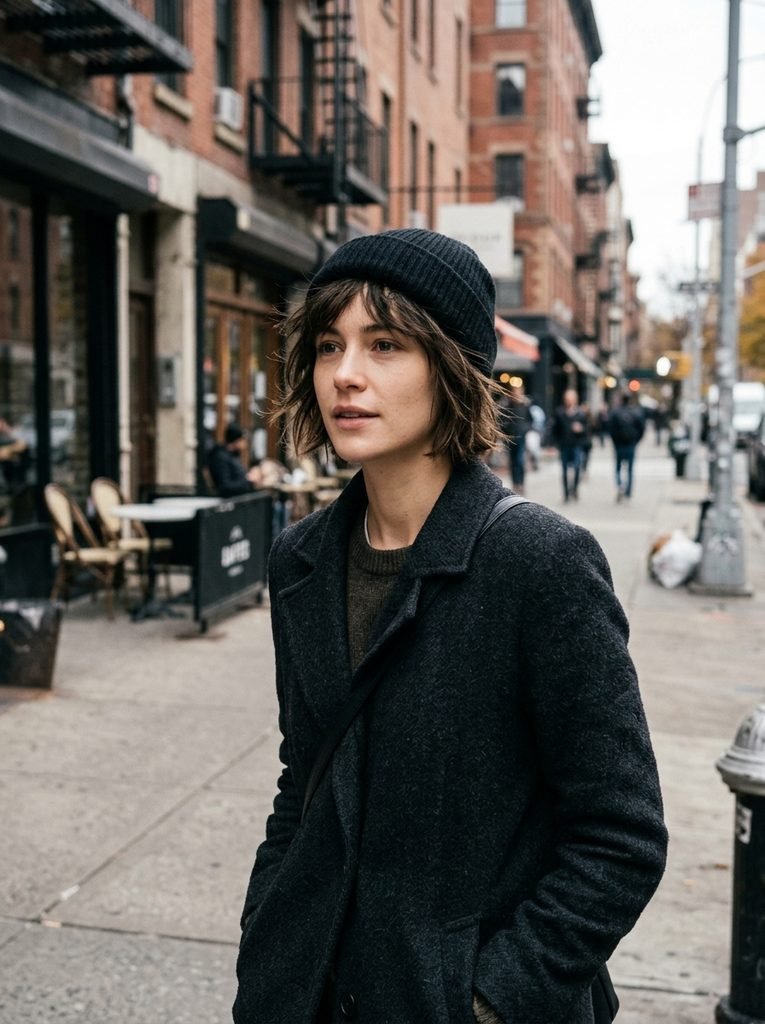 Woman with a short textured bob wearing a fitted black beanie pushed back on a city sidewalk