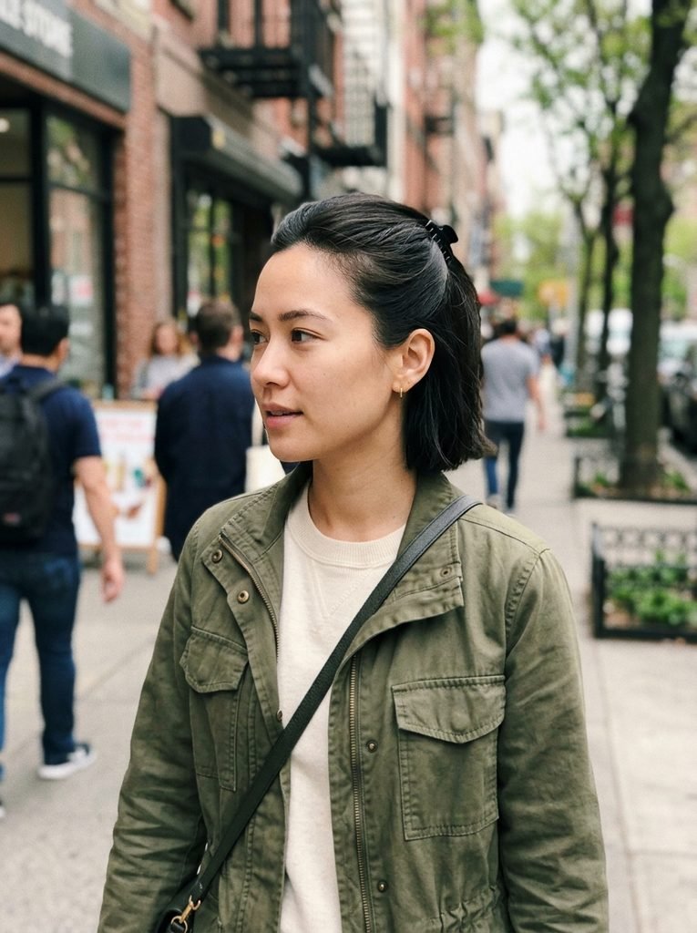 Woman with a chin-length bob and the front hair clipped back with a small black claw clip on a city sidewalk