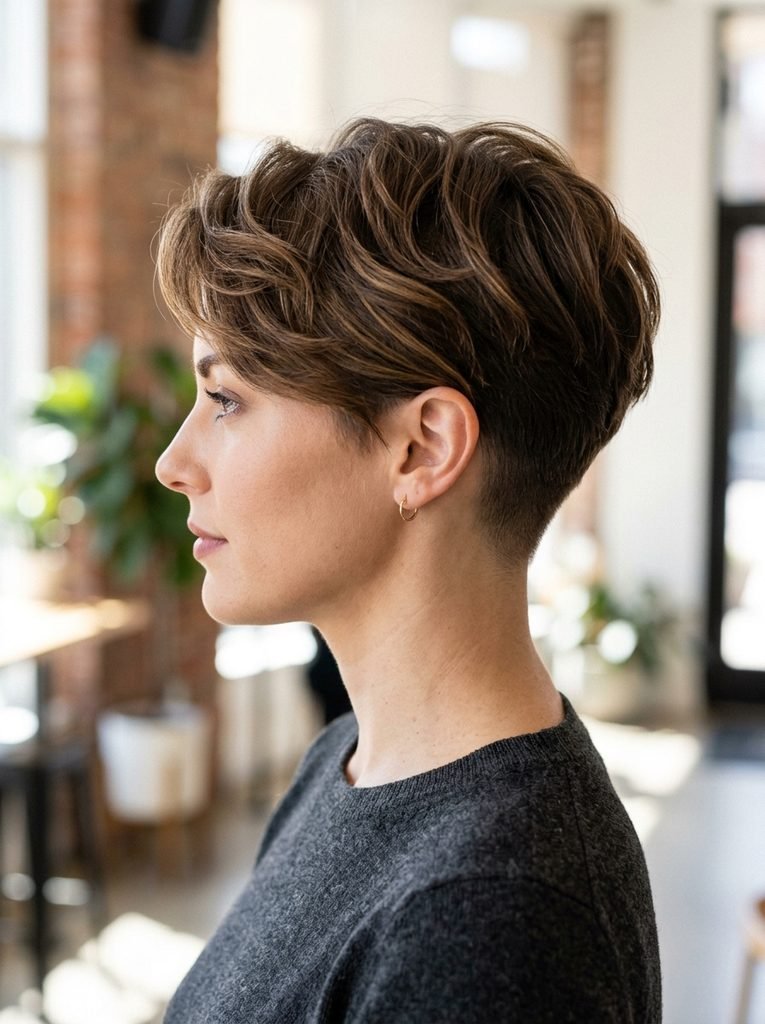 Side profile of a long-top pixie cut with softly blended tapered sides