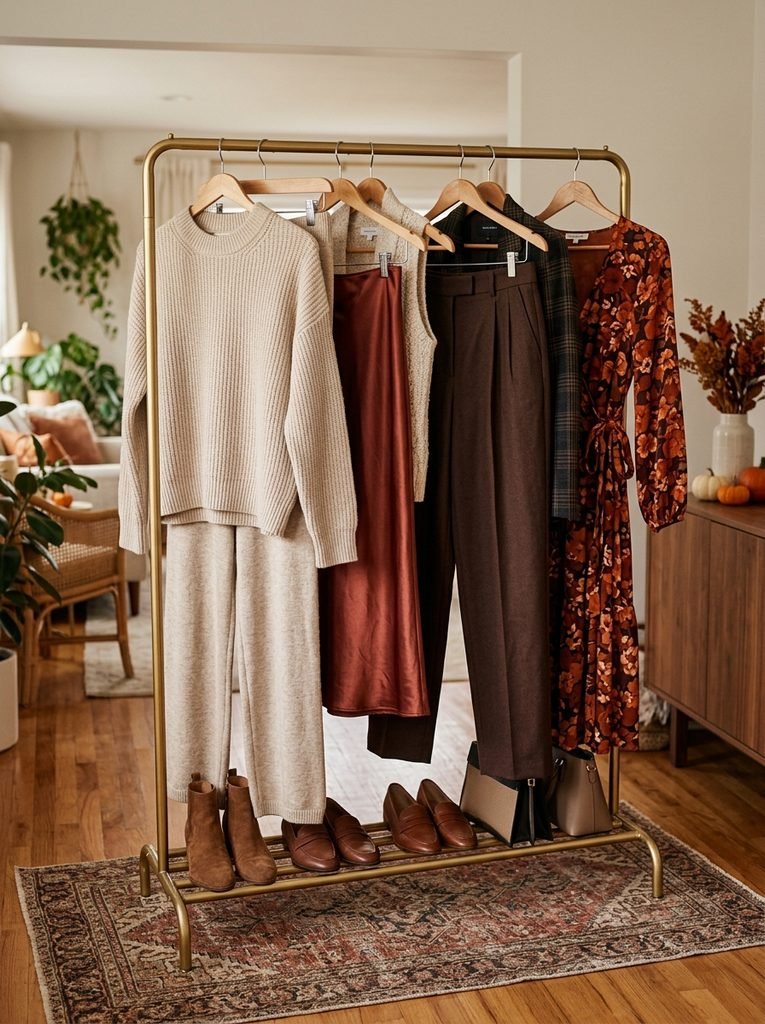 Rack of Thanksgiving outfit options including a wrap dress, pleated trousers, satin midi skirt, and knit set