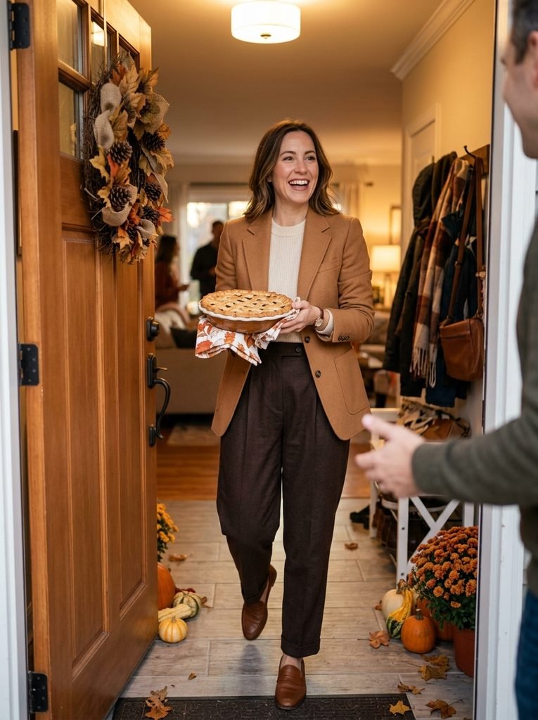 Woman in a camel blazer and pleated trousers arriving at a Thanksgiving gathering holding a pie