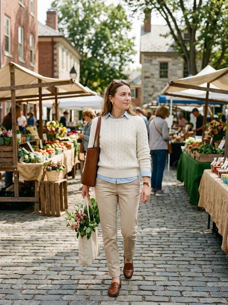 Woman in a cream cable-knit sweater, Oxford shirt, and chinos at a weekend market in an old money outfit