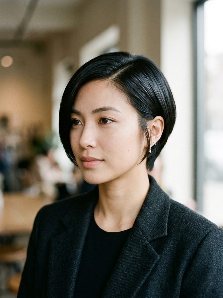 Sleek glossy black bixie cut with a deep side part and ear tuck
