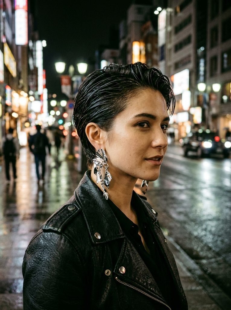 Slicked-back wet-look bixie cut with a statement earring in a night street setting