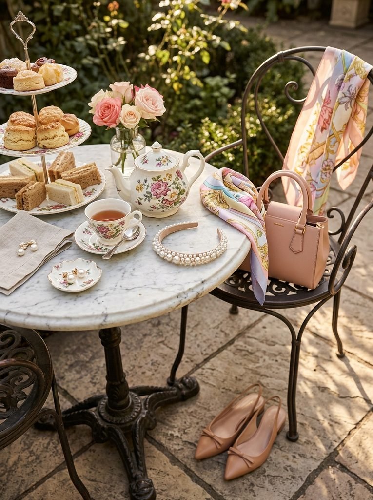 Pearl headband, stud earrings, silk scarf, small leather bag, and low-heel flats arranged as afternoon tea accessories