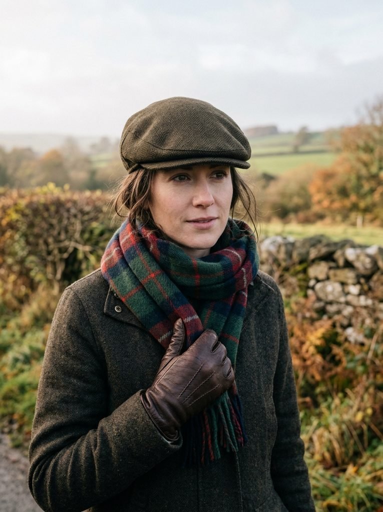 Woman wearing a wool flat cap, tartan scarf, and leather gloves in soft countryside light