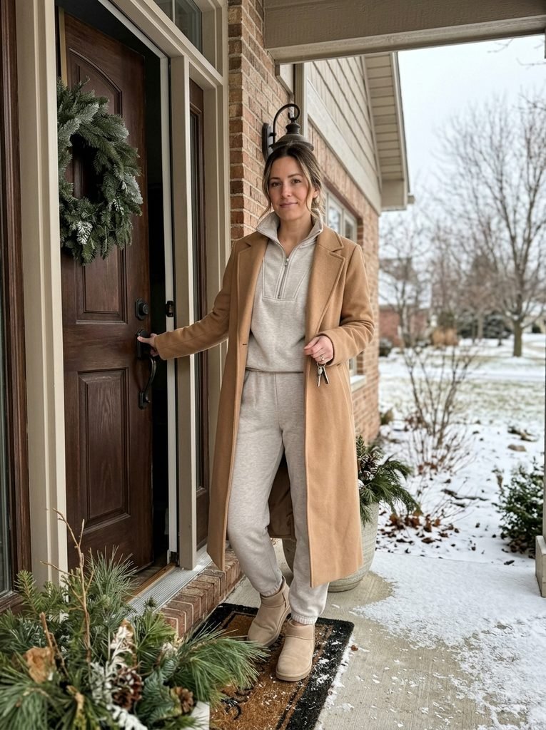 Woman wearing a stone-colored zip lounge set under a camel coat at her front door on a winter day