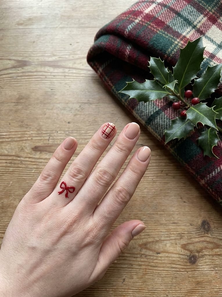 Nude nails with a red bow accent and plaid accent beside a tartan scarf