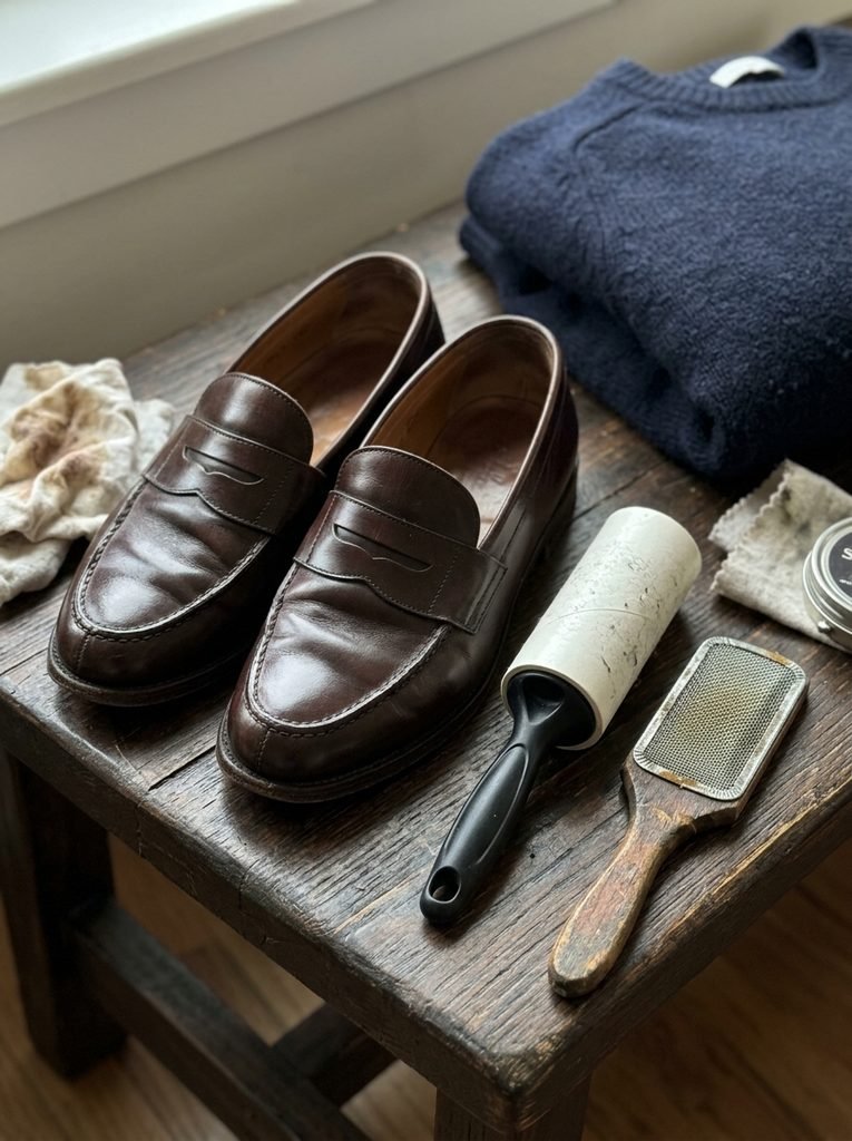 Worn and polished loafers beside a lint roller and knitwear comb to show small details that affect a work outfit