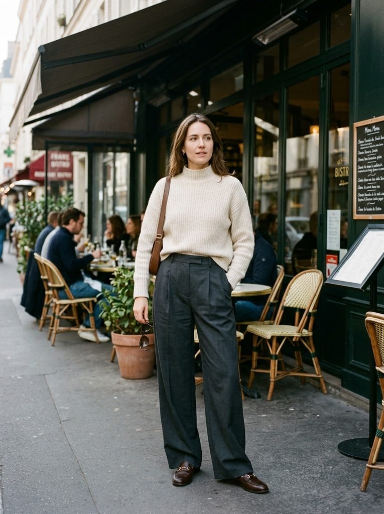 Woman in wide-leg trousers, cream knit, and loafers outside a restaurant in a smart casual outfit