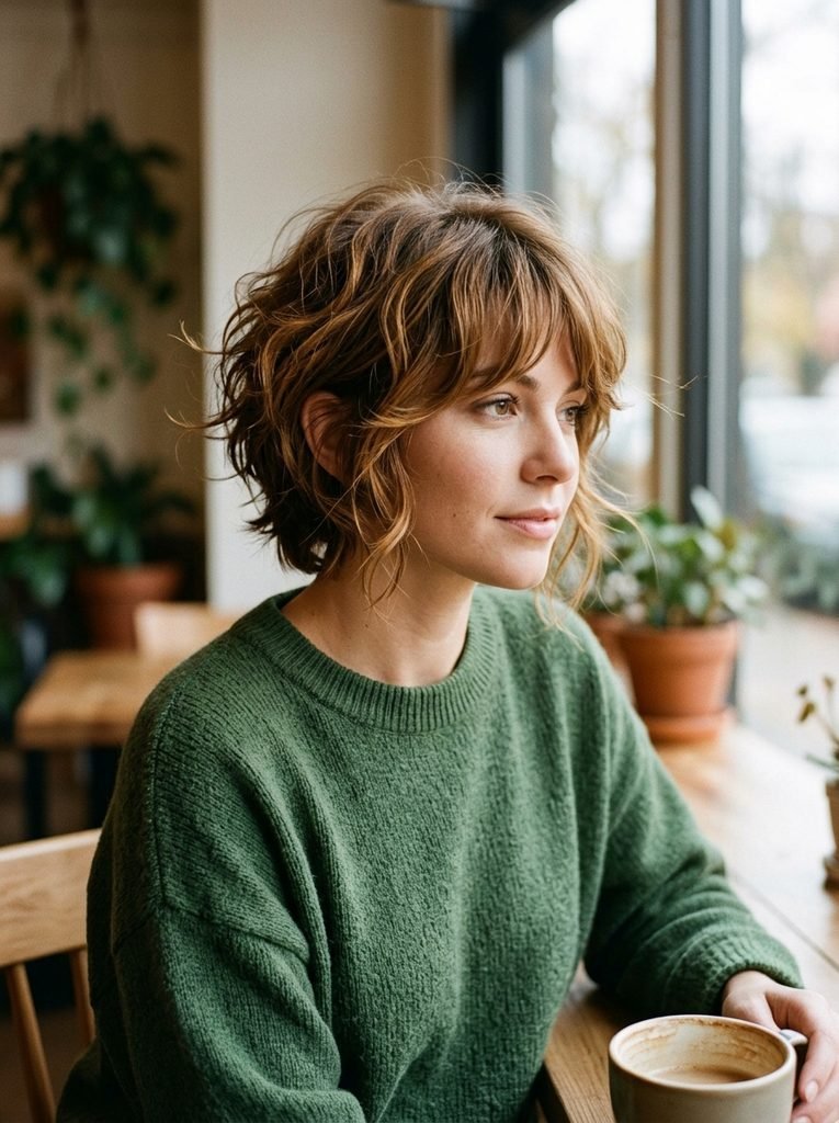 Wavy honey-brown bixie cut with a soft side-swept fringe