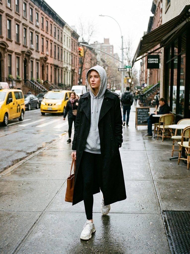 Black trench coat styled with a grey hoodie, black leggings, and white sneakers on a city sidewalk