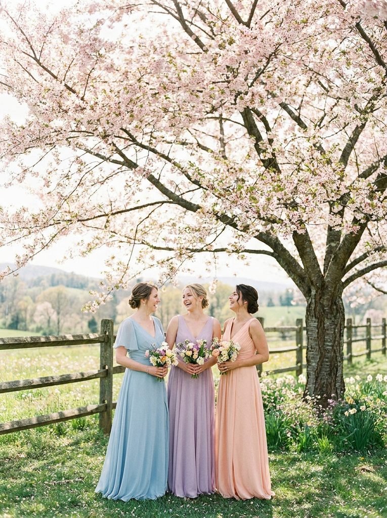 Bridesmaids in powder blue, lilac, and peach dresses under a blossoming spring tree